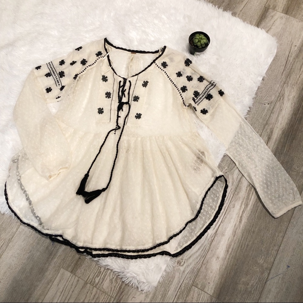 Free People Lace Long Sleeve Boho Tassel Tie Top - Picture 2 of 5